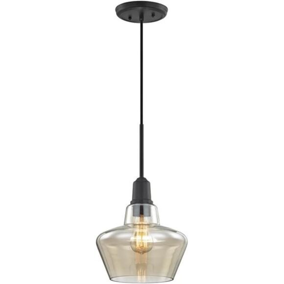 1-Light Aged Bronze Pendant with Amber Plated Glass Shade and Vintage Bulb - Picture 1 of 8